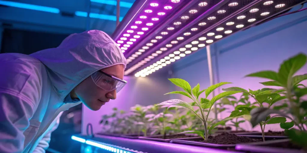 Scientifique examinant de jeunes plants de cannabis sous lampes LED horticoles.