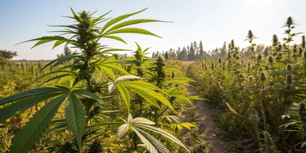 Plants de cannabis en culture exterieure dans un vaste champ agricole.
