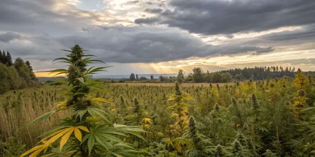 Culture de cannabis en plein air avec rayons de soleil a l horizon.