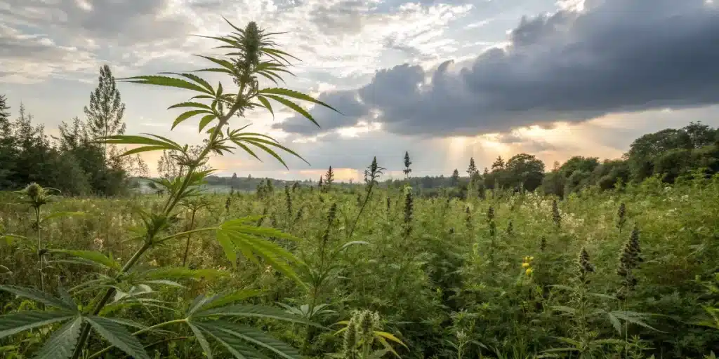 Plant de cannabis en plein air sous un ciel nuageux au coucher du soleil.