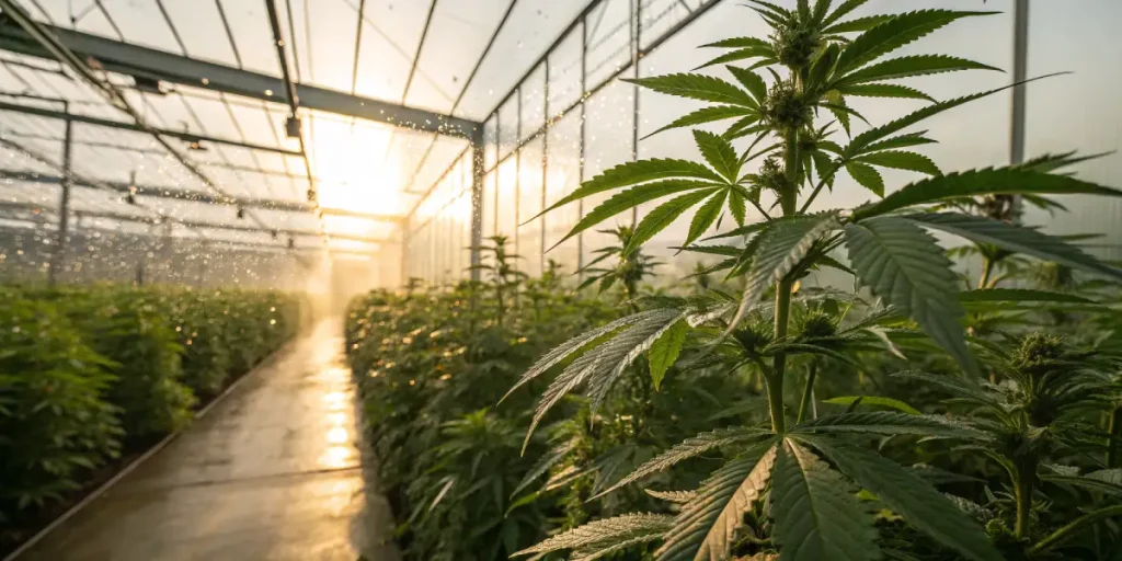 Plantes de cannabis en serre avec systeme d irrigation et lumiere chaude.