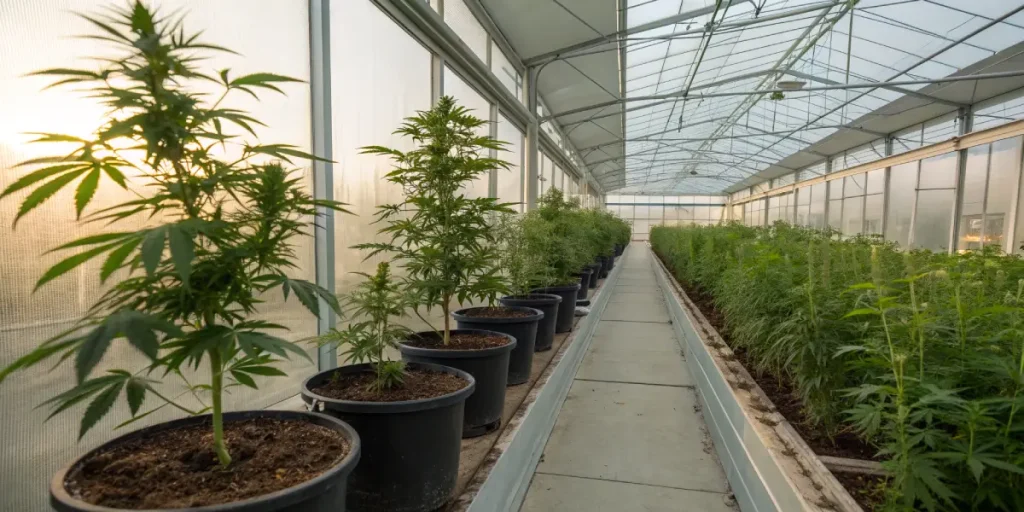 Plants de cannabis cultivés en pots dans une serre moderne.