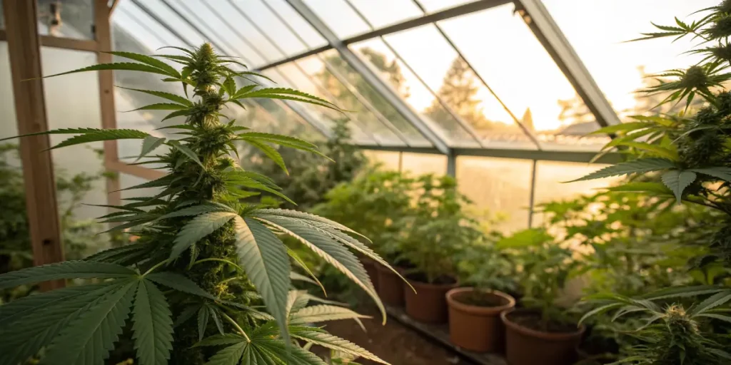 Plantes de cannabis cultivées en pots dans une serre lumineuse.