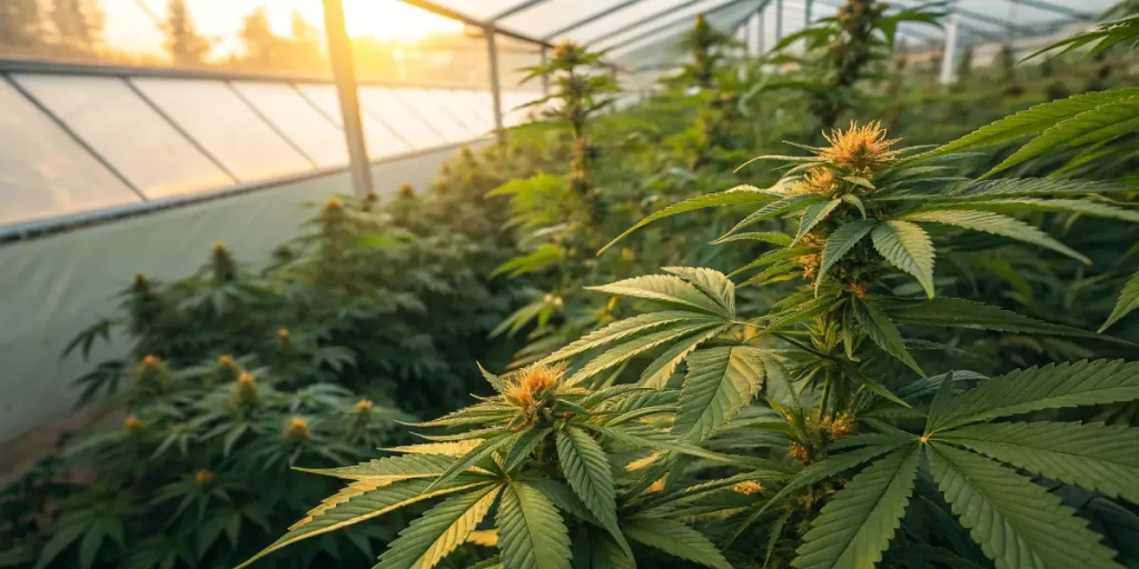 Culture de cannabis en serre sous une lumiere chaude de fin de journee.