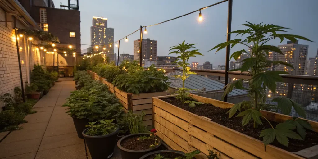 Plants de cannabis cultivés dans un jardin urbain sur un toit-terrasse.
