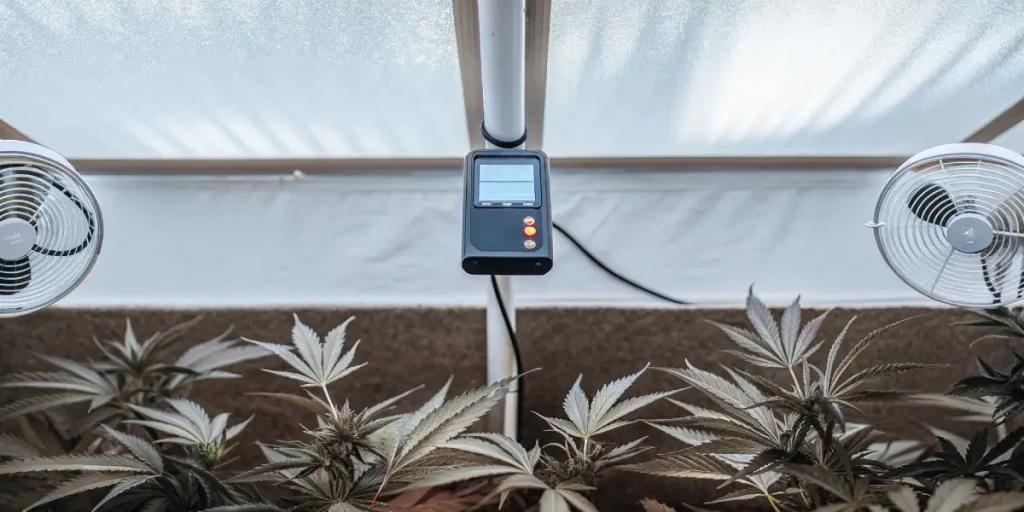 Culture de cannabis CBD en intérieur avec capteurs climatiques et ventilation latérale