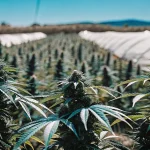 Culture extérieure de cannabis en rangées sous tunnels agricoles.