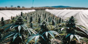 Culture extérieure de cannabis en rangées sous tunnels agricoles.