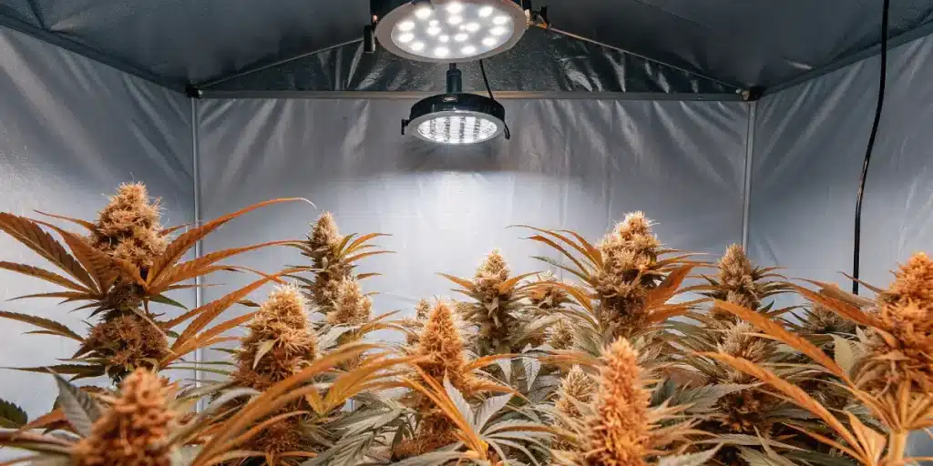 Culture intérieure de cannabis en floraison avancée sous lampes LED puissantes.