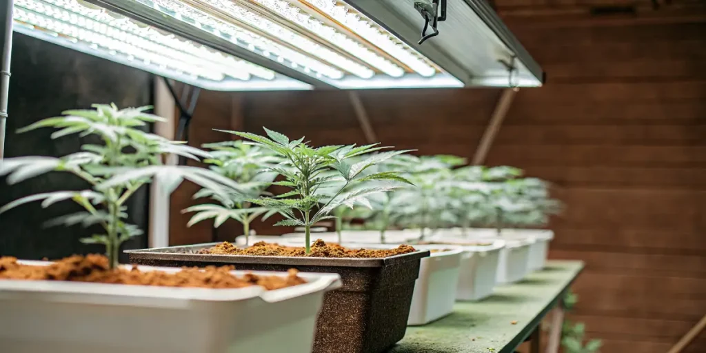 Jeunes plants de cannabis cultivés en intérieur sous des lampes LED dans un espace de culture organisé.