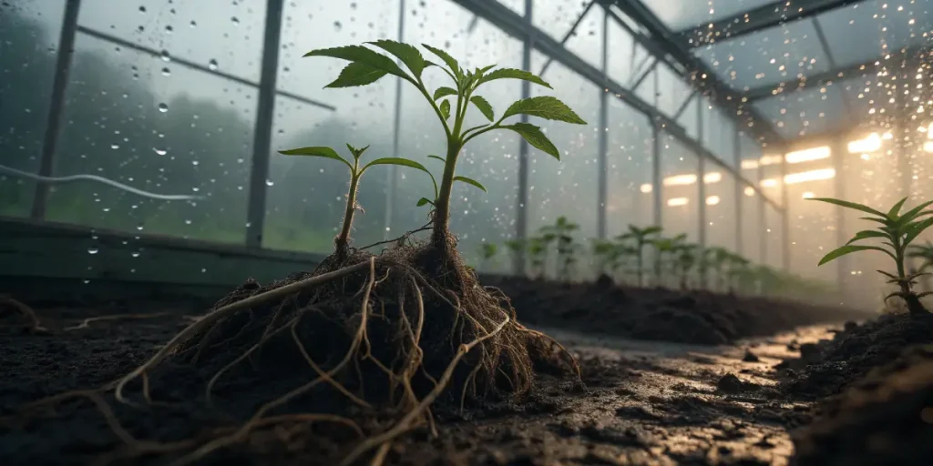 Plantules en croissance montrant un systeme racinaire developpe en serre.