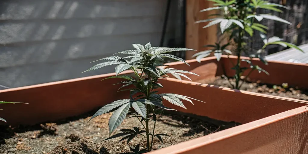Plant de cannabis en début de floraison cultivé en bac rectangulaire