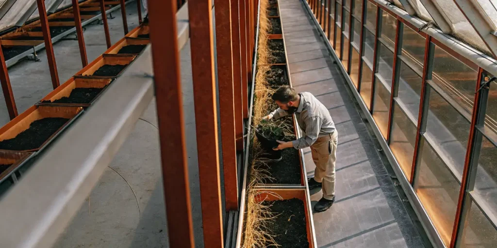 Cultivateur entretenant des bacs de culture en serre.