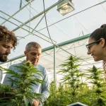 Experts analysant des plants de cannabis dans une serre moderne.
