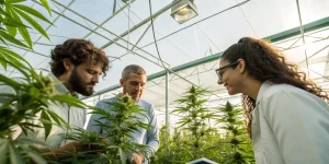 Experts analysant des plants de cannabis dans une serre moderne.