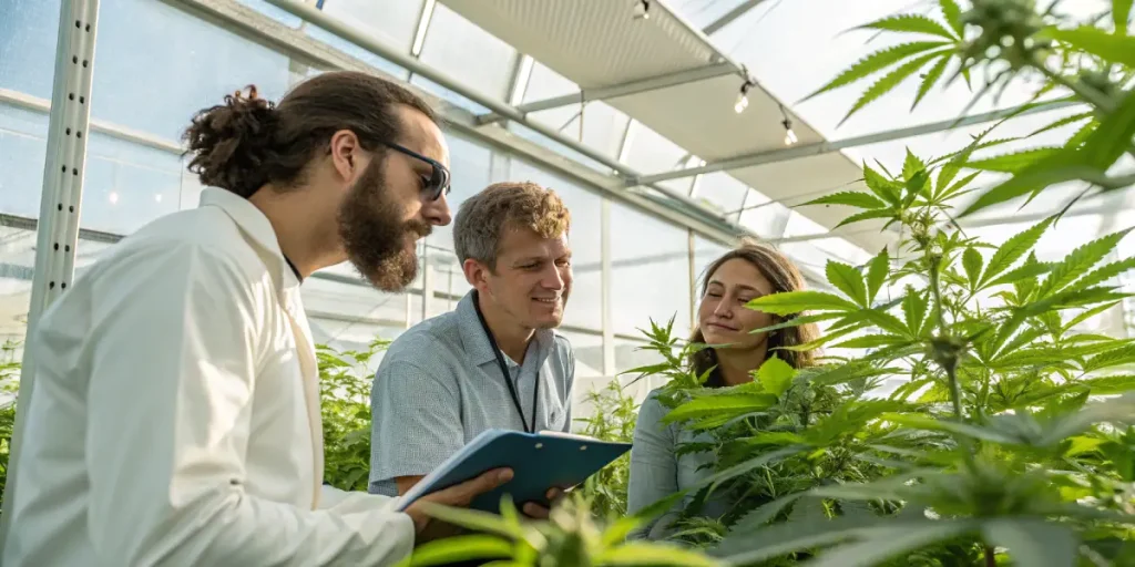 Experts examinant des plantes de cannabis dans une serre.
