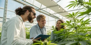 Experts examinant des plantes de cannabis dans une serre.
