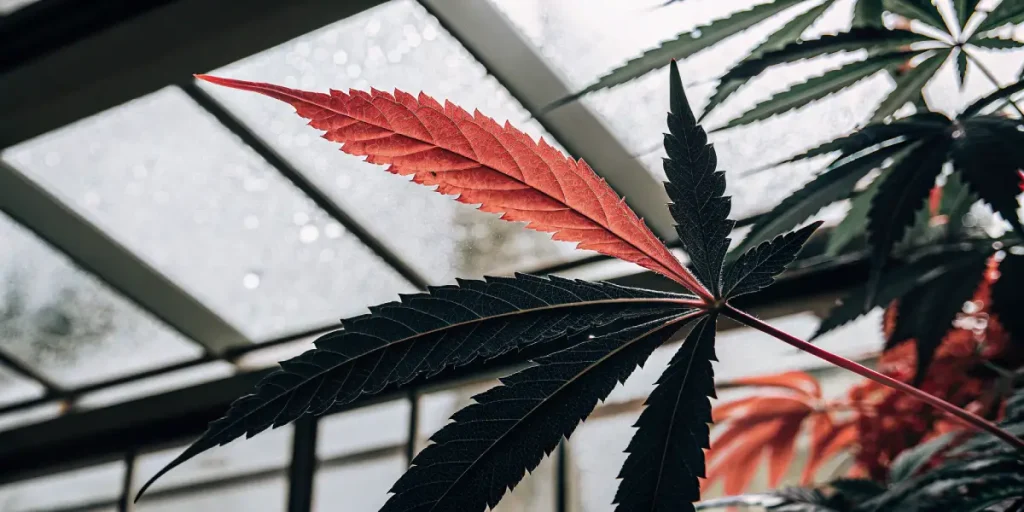 Feuille cannabis bicolore serre avec partie rouge et folioles foncees sous verriere.