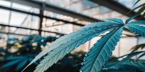 Feuille de cannabis avec gouttelettes d eau en serre.