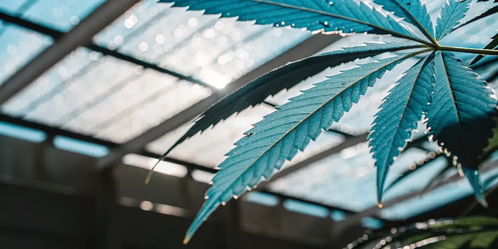 Feuille de cannabis avec fines gouttelettes d eau en serre.