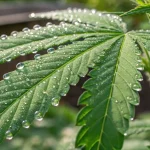 Feuille de cannabis en gros plan recouverte de gouttelettes d eau.