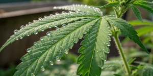Feuille de cannabis en gros plan recouverte de gouttelettes d eau.