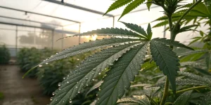 Feuille de cannabis avec gouttelettes d eau en serre au lever du soleil.