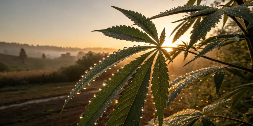 Feuille de cannabis couverte de gouttes d eau a la lumiere du matin.
