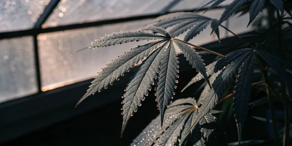Feuille cannabis gouttes eau serre lumiere douce avec nervures et bords denteles.