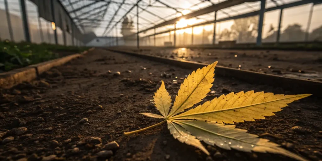Feuille de cannabis jaunie posee sur le sol d une serre au coucher du soleil.