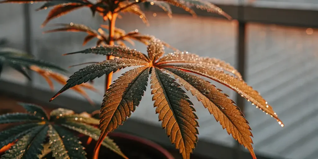 Feuille cannabis lumiere doree gouttelettes serre avec reflets scintillants.