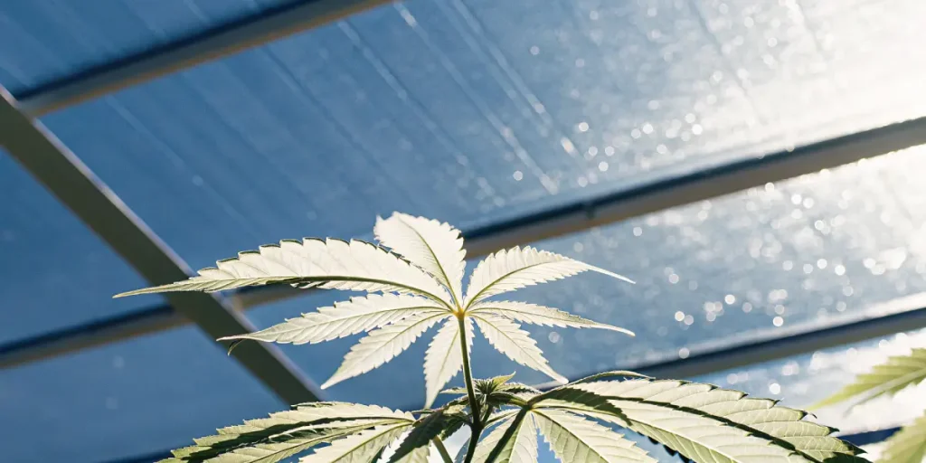 Feuille de cannabis eclairee par la lumiere naturelle dans une serre.