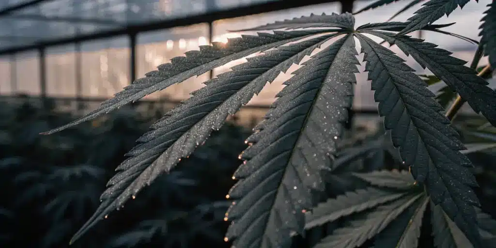 Feuille de cannabis avec rosée sous lumiere chaude en serre.