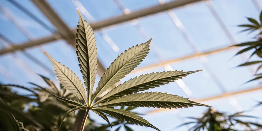 Feuille cannabis serre ciel bleu avec folioles allongees sous toit vitre.