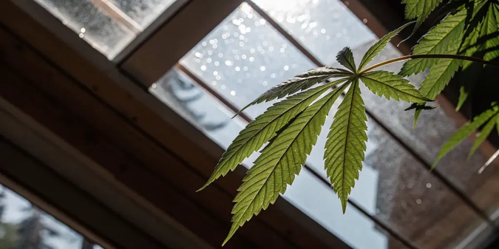 Feuille cannabis serre lumiere naturelle verte sous verriere avec texture detaillee.
