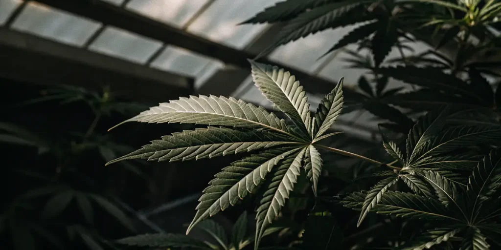 Feuille cannabis serre ombre lumiere avec nervures marquees sous verriere.