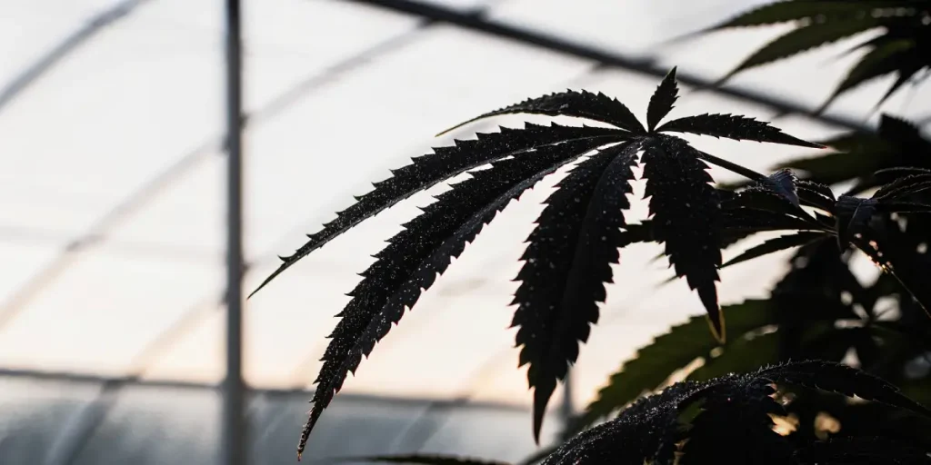 Feuille cannabis serre ombre lumiere naturelle avec gouttelettes sur folioles foncees.