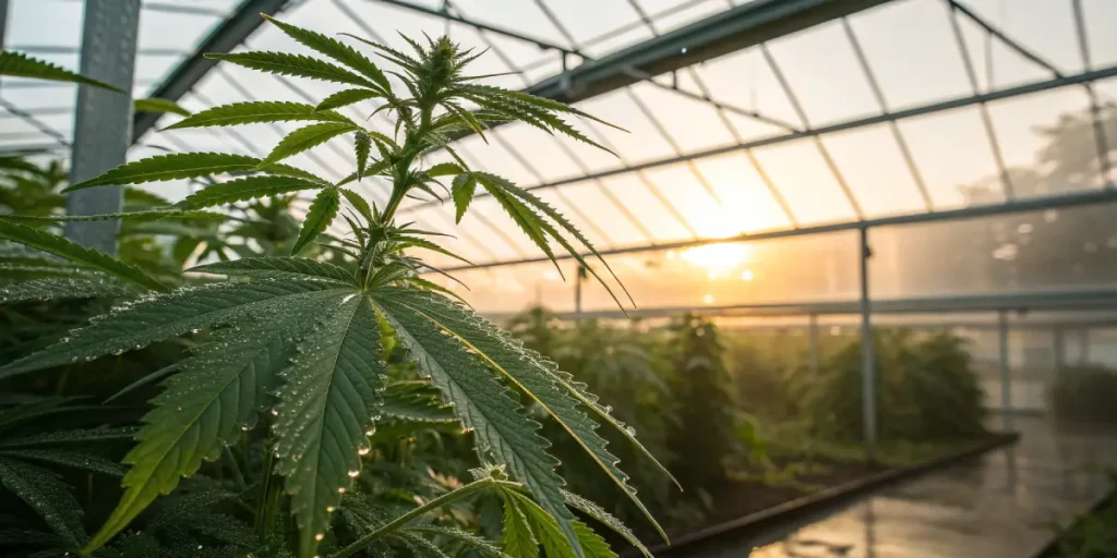 Feuilles de cannabis avec gouttelettes d eau dans une serre au coucher du soleil.