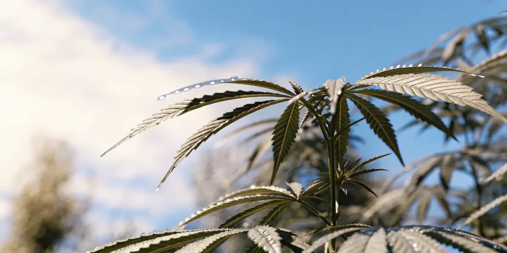Feuilles de cannabis avec des gouttes d’eau sous la lumière du soleil.