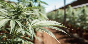 Feuilles de cannabis saines en culture exterieure sous lumiere naturelle.