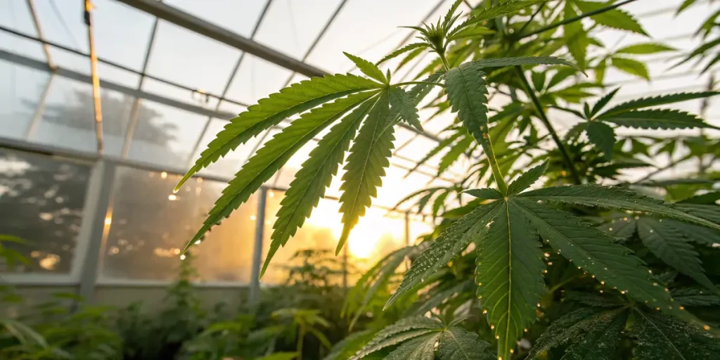 Feuilles de cannabis en serre avec gouttelettes d eau a la lumiere du soleil.