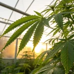 Feuilles de cannabis en serre avec gouttelettes d eau a la lumiere du soleil.