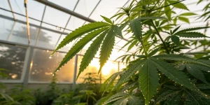 Feuilles de cannabis en serre avec gouttelettes d eau a la lumiere du soleil.