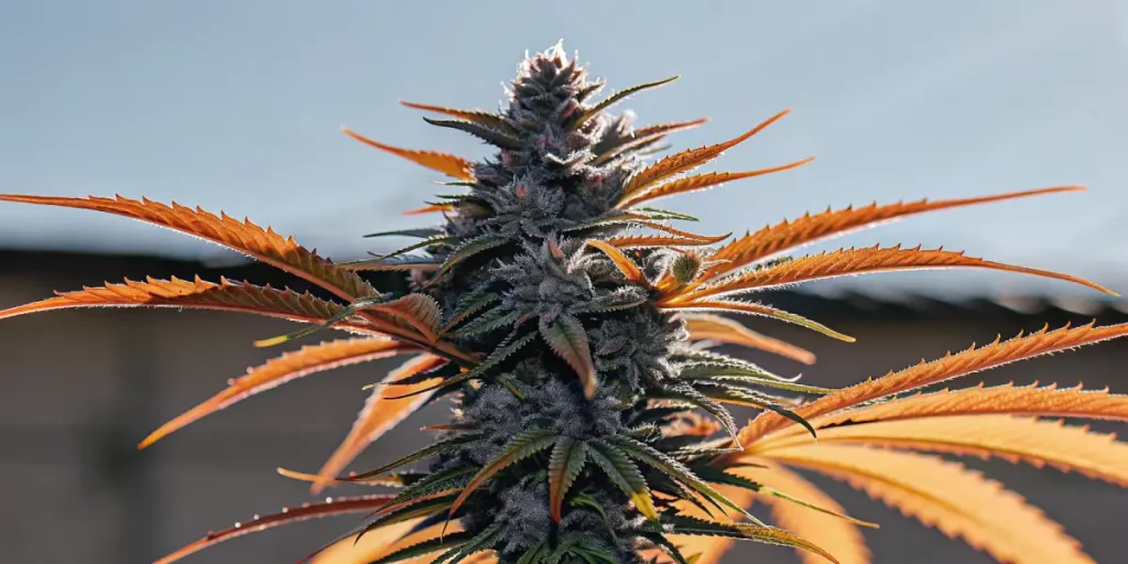 Fleur de cannabis CBD en floraison avec feuilles orangées, têtes denses couvertes de trichomes et couleurs automnales.