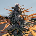Fleur de cannabis CBD en floraison avec feuilles orangées, têtes denses couvertes de trichomes et couleurs automnales.