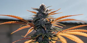 Fleur de cannabis CBD en floraison avec feuilles orangées, têtes denses couvertes de trichomes et couleurs automnales.
