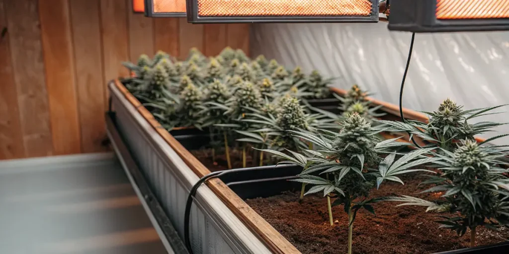 Fleur de cannabis en maturation avec pistils rouges et résine abondante
