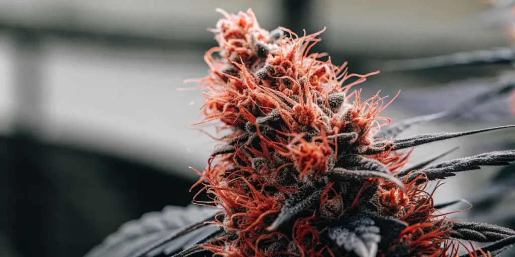 Fleur de cannabis en maturation avec pistils rouges et résine abondante