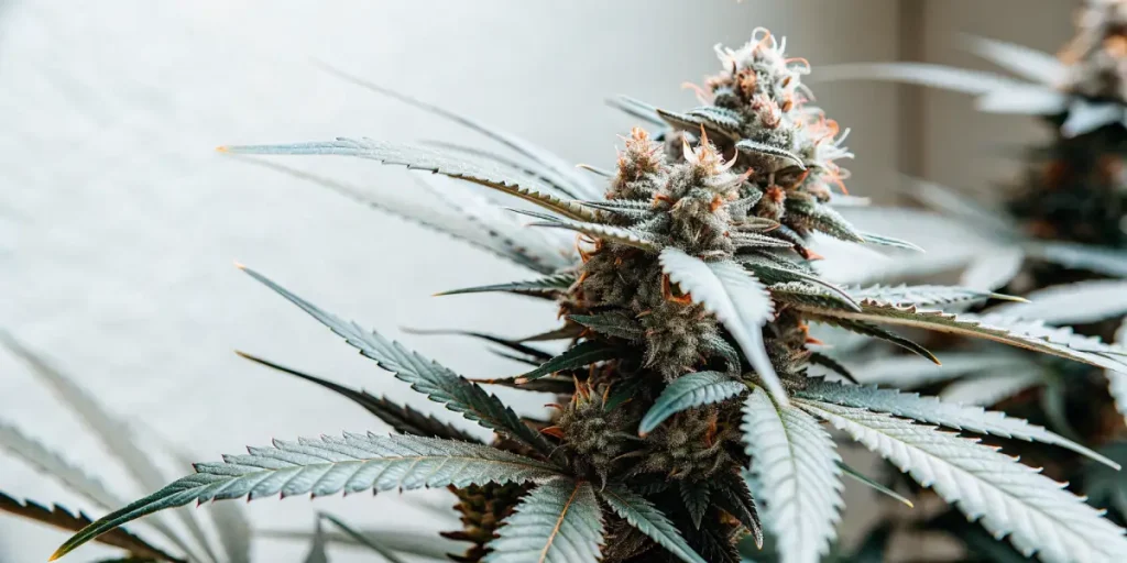 Fleur de cannabis en floraison avancée cultivée en intérieur, avec des trichomes visibles et des pistils orangés.