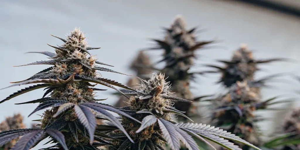Gros plan de têtes de cannabis matures avec trichomes visibles et feuilles légèrement pourpres en floraison avancée.